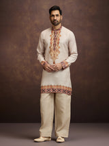 Off white printed linen kurta pajama outfit for men
