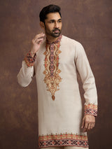 Off white printed linen kurta pajama outfit for men