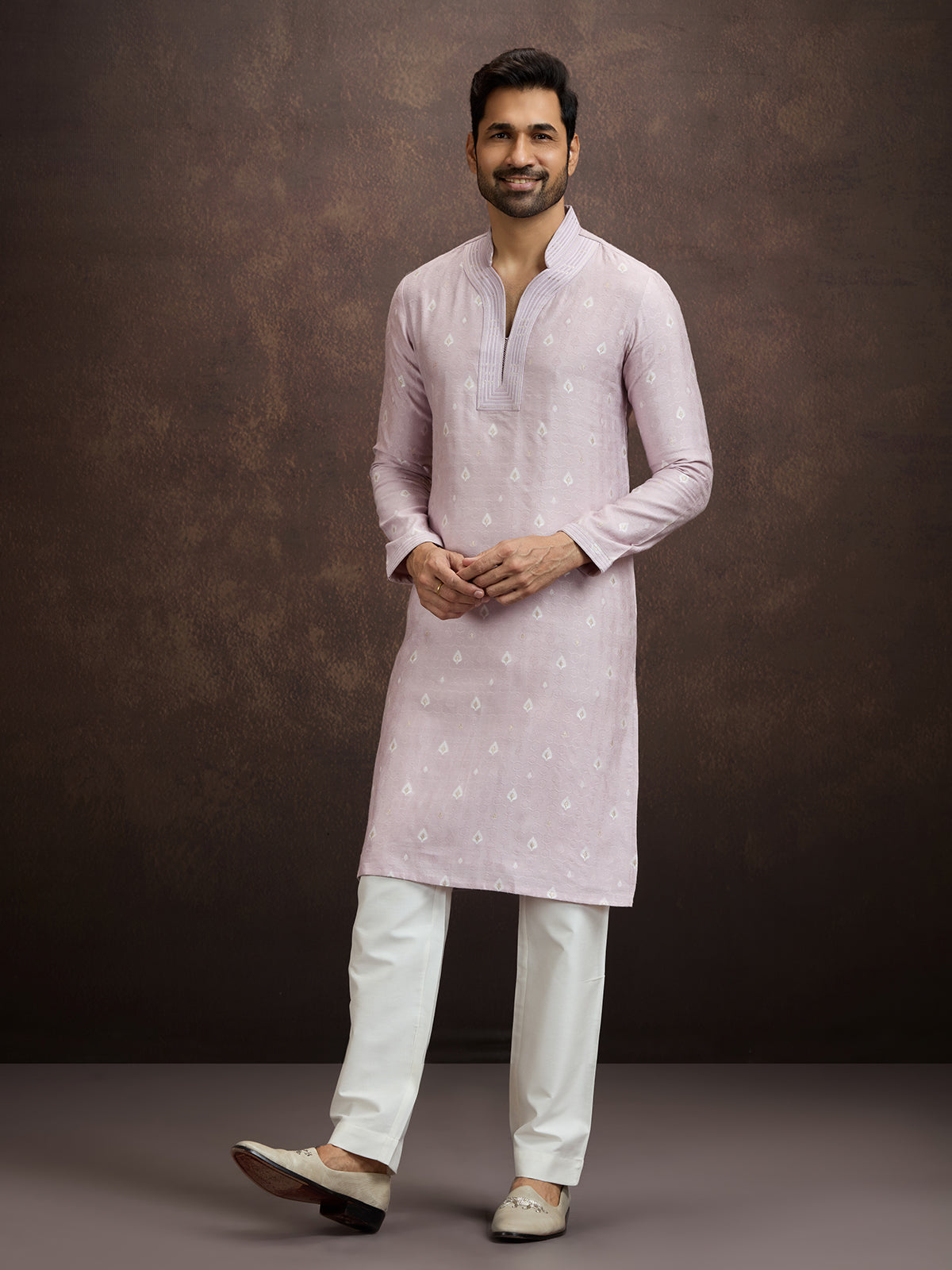 Purple embroidered banarasi silk kurta pajama for men