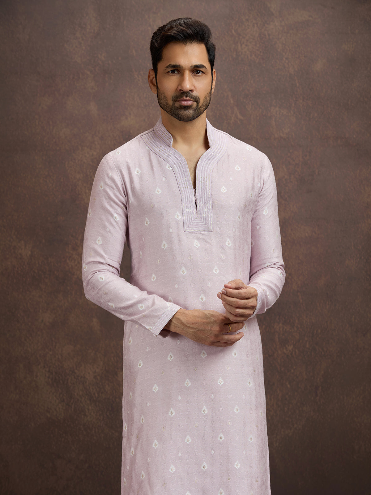 Purple embroidered banarasi silk kurta pajama for men