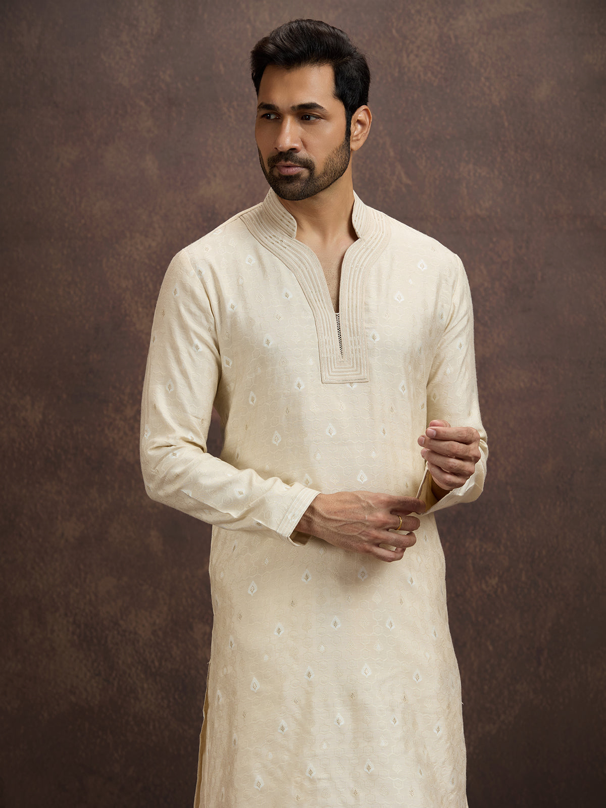 Cream embroidered banarasi silk kurta pajama for men