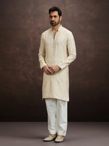 Cream embroidered banarasi silk kurta pajama for men