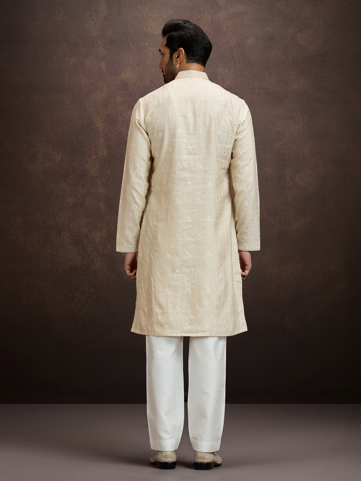 Cream embroidered banarasi silk kurta pajama for men