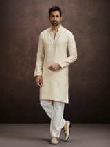 Cream embroidered banarasi silk kurta pajama for men