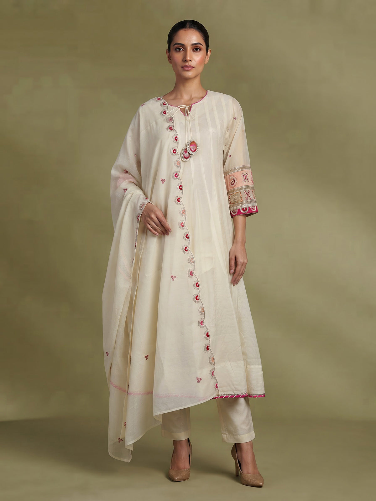 Cream embellished anarkali suit for women