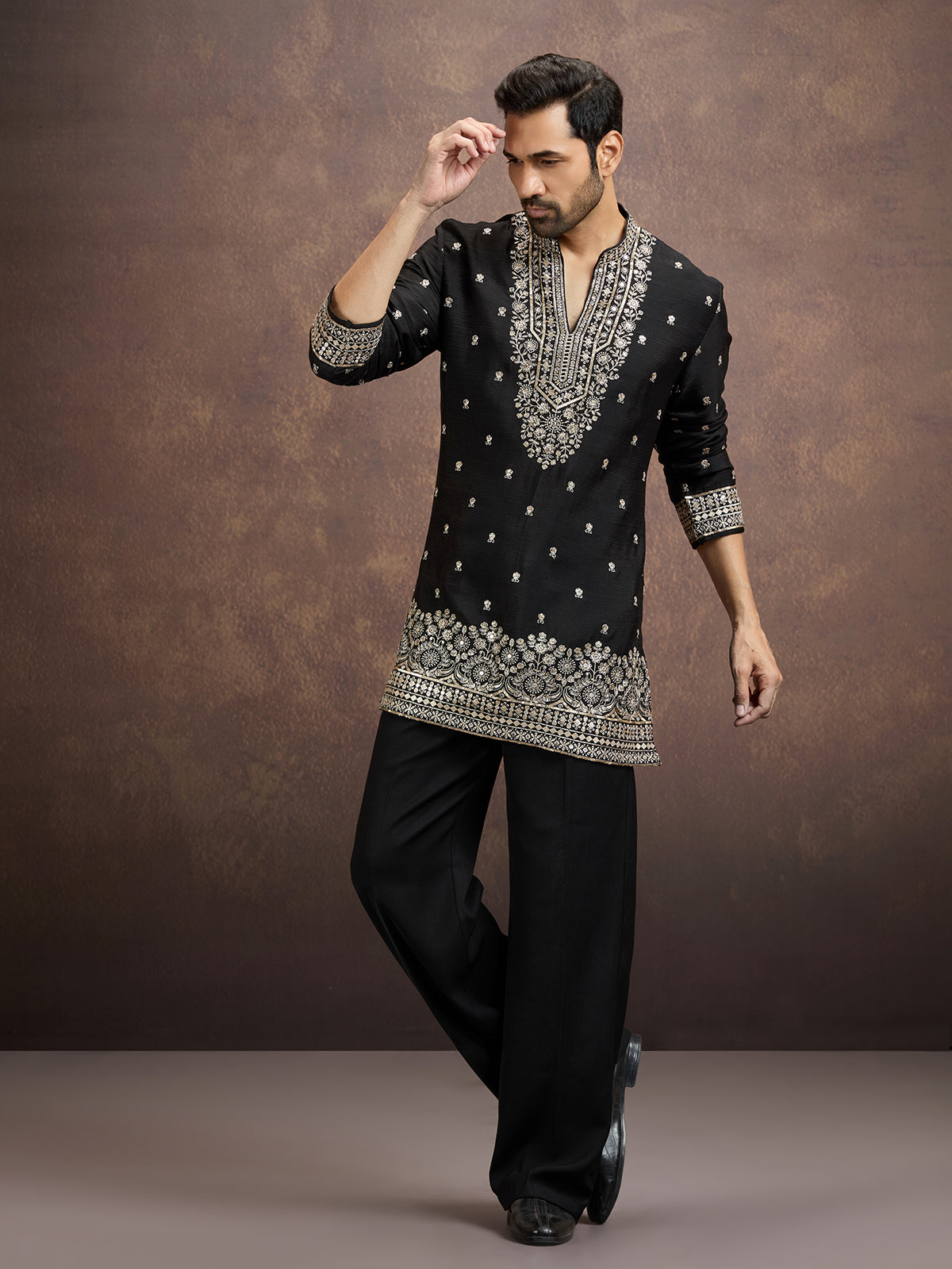 Black floral zari embroidered silk kurta pajama for men
