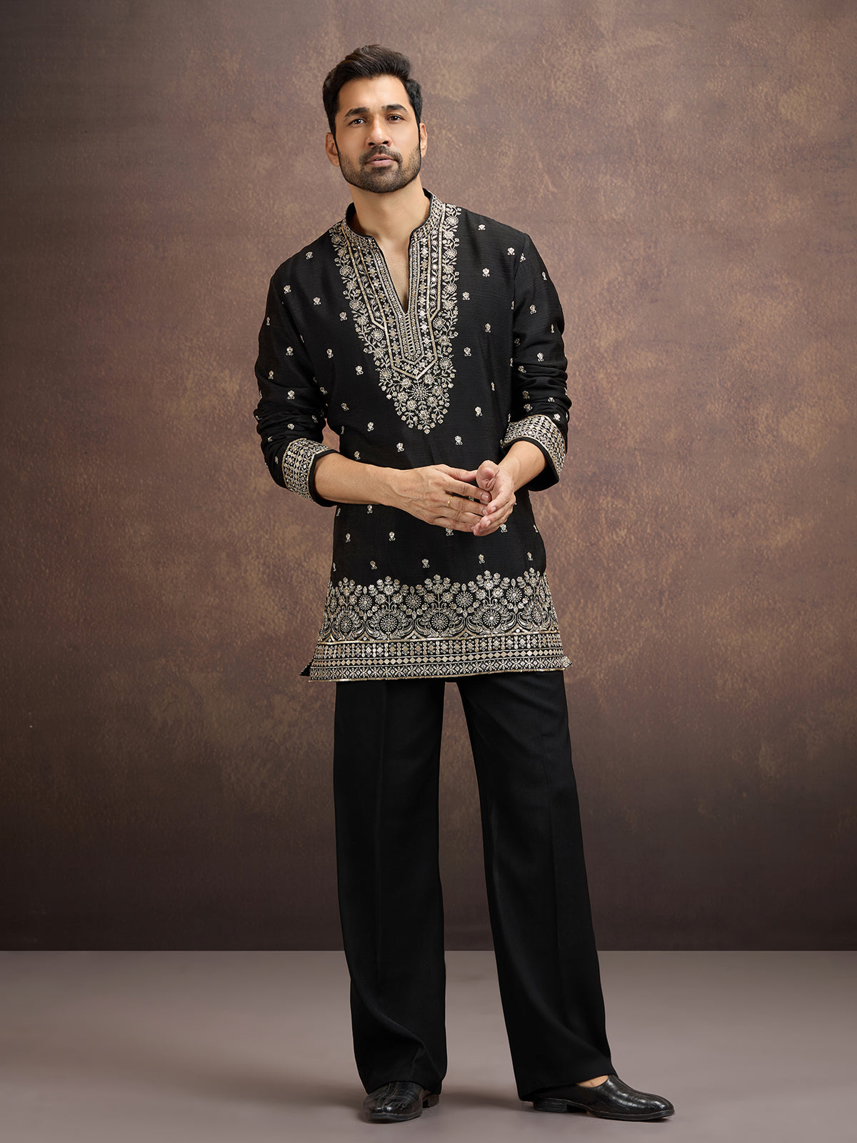 Black floral zari embroidered silk kurta pajama for men