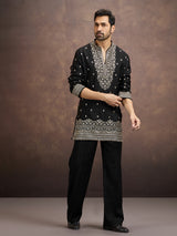 Black floral zari embroidered silk kurta pajama for men