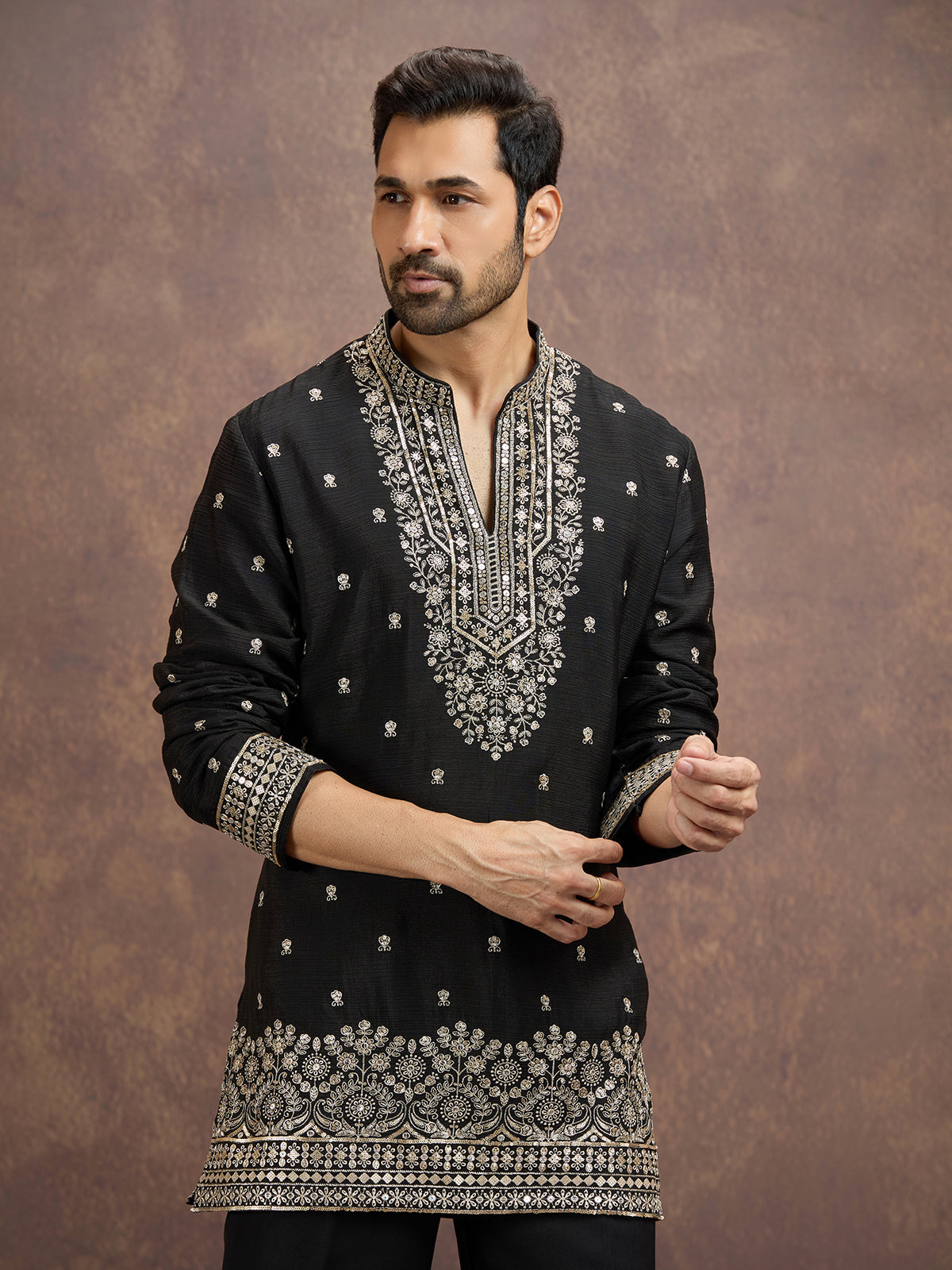 Black floral zari embroidered silk kurta pajama for men