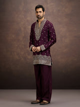 Deep wine floral zari embroidered silk kurta pajama for men