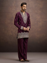 Deep wine floral zari embroidered silk kurta pajama for men