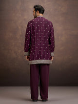 Deep wine floral zari embroidered silk kurta pajama for men