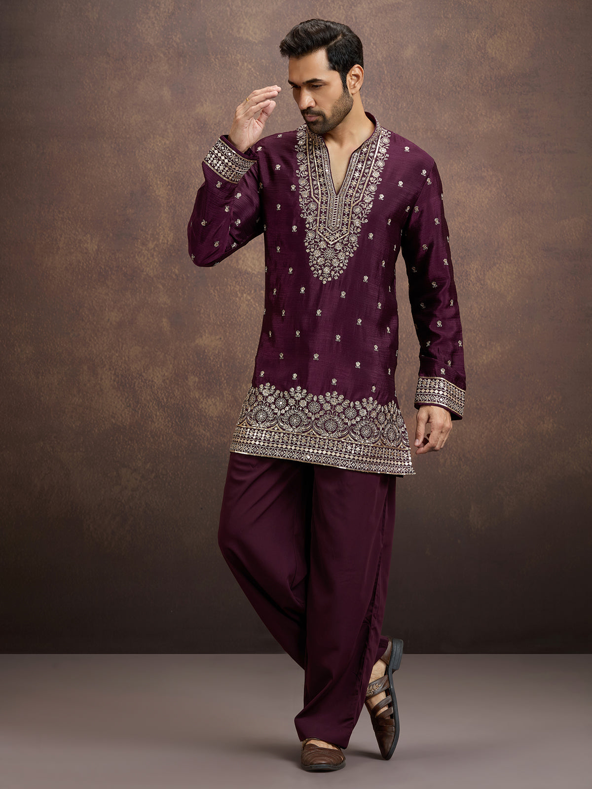 Deep wine floral zari embroidered silk kurta pajama for men