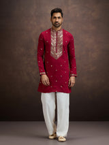 Maroon sequined zari embroidered silk kurta pajama for men