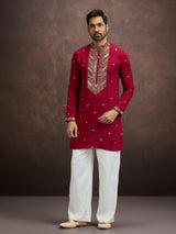 Maroon sequined zari embroidered silk kurta pajama for men