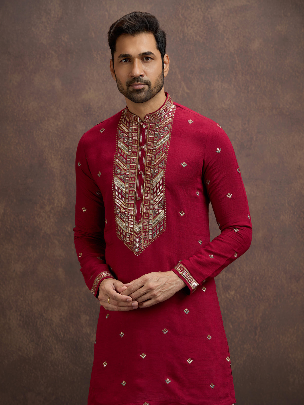 Maroon sequined zari embroidered silk kurta pajama for men