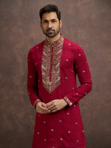 Maroon sequined zari embroidered silk kurta pajama for men
