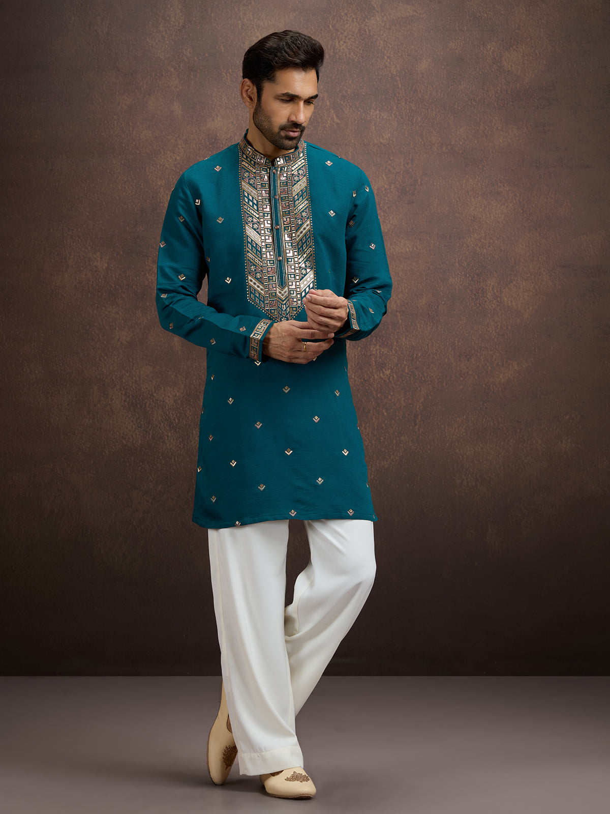 Blue sequined zari embroidered silk kurta pajama for men