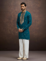 Blue sequined zari embroidered silk kurta pajama for men