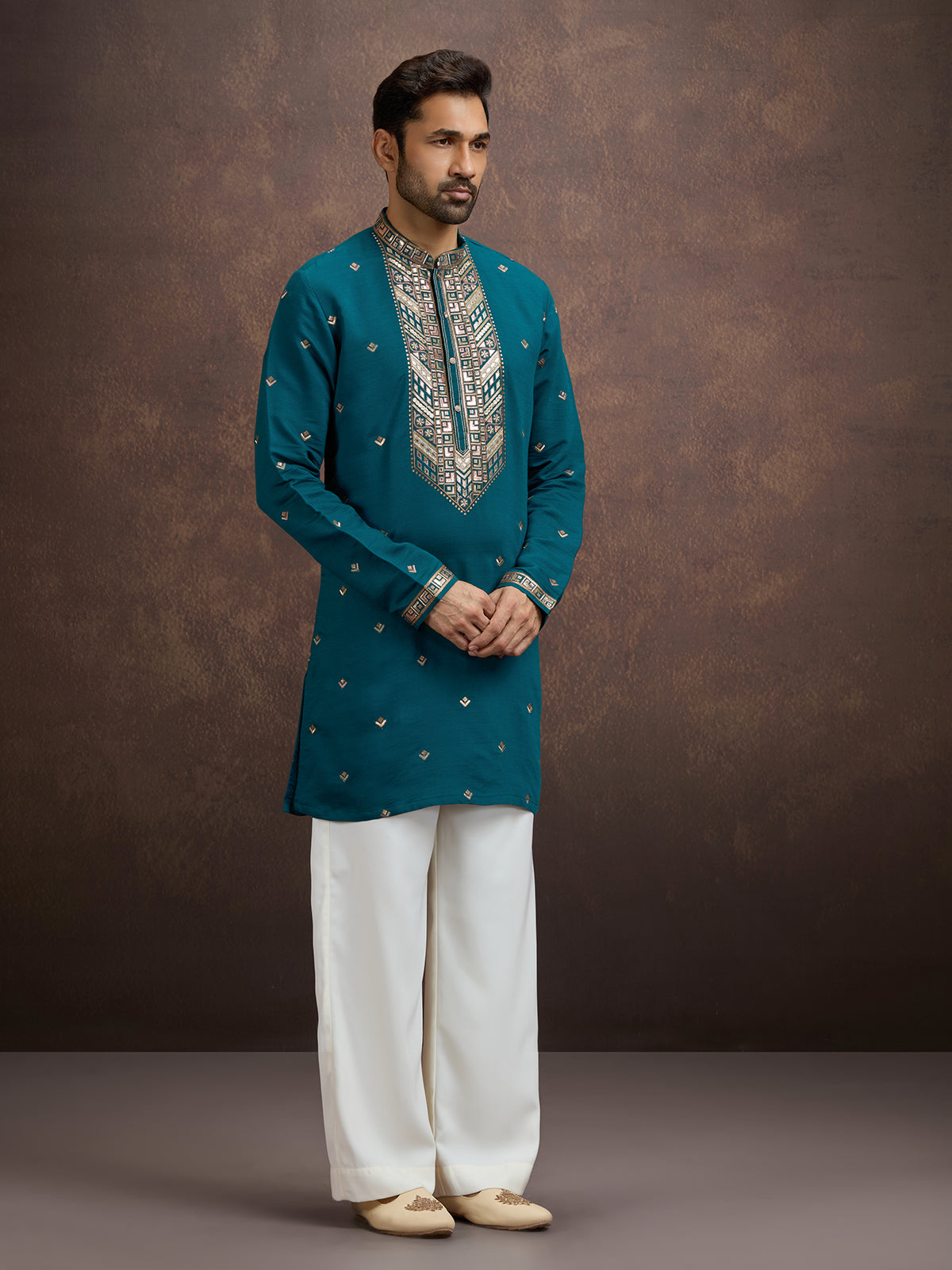 Blue sequined zari embroidered silk kurta pajama for men