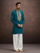 Blue sequined zari embroidered silk kurta pajama for men