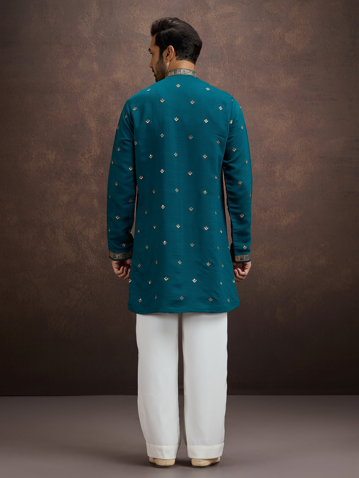 Blue sequined zari embroidered silk kurta pajama for men