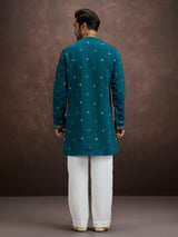 Blue sequined zari embroidered silk kurta pajama for men