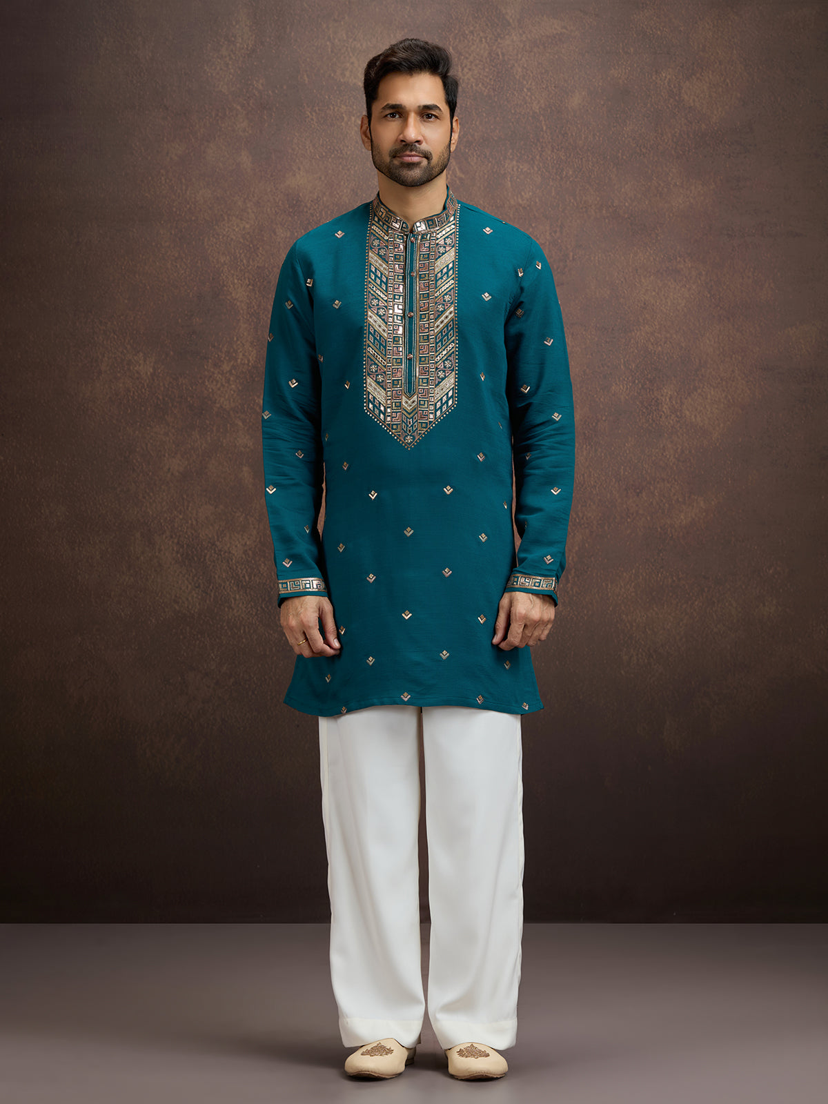 Blue sequined zari embroidered silk kurta pajama for men