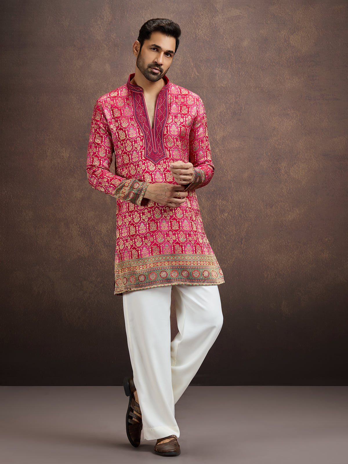 Hot pink geometric embroidered silk kurta pajama for men