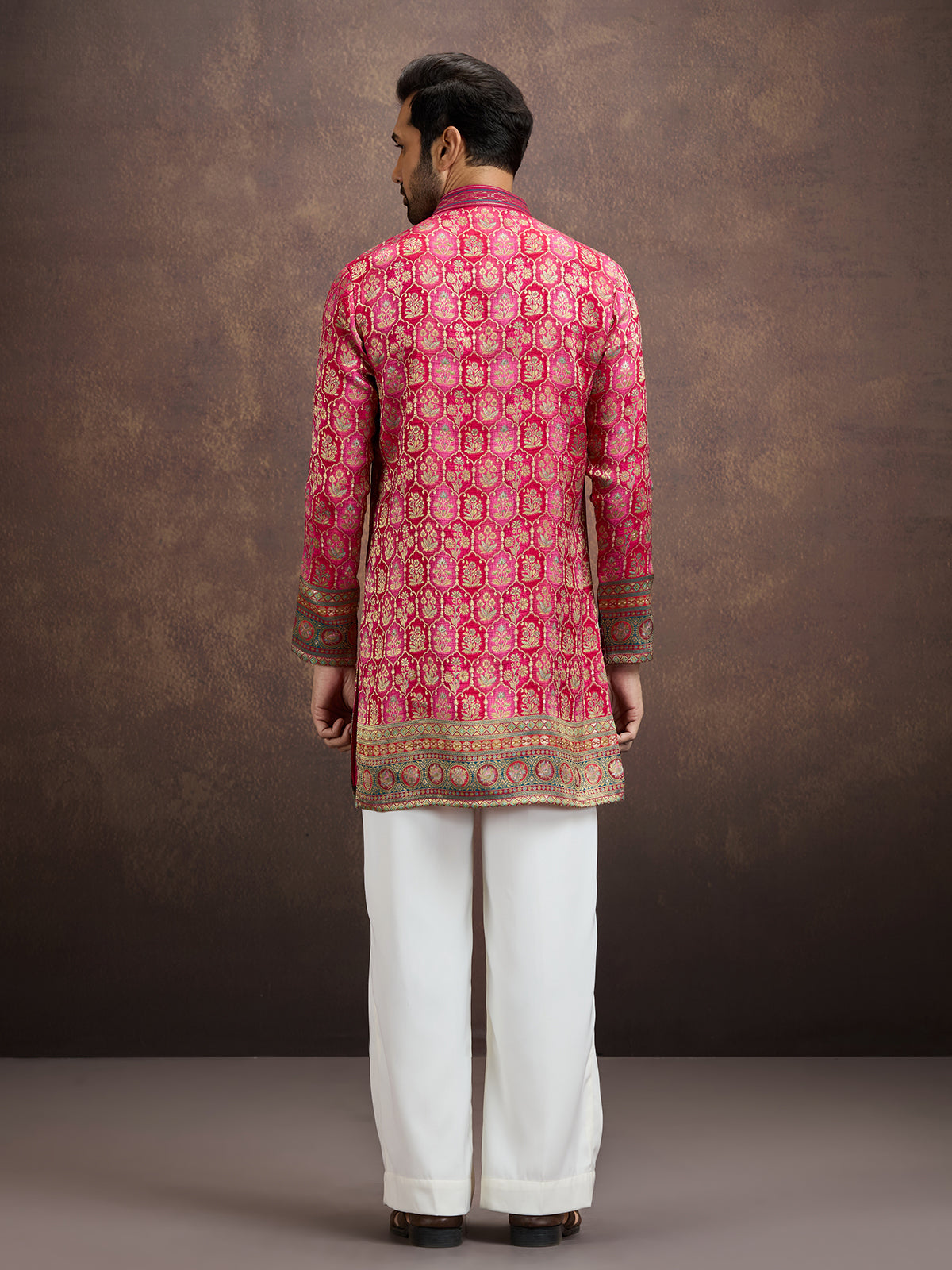 Hot pink geometric embroidered silk kurta pajama for men