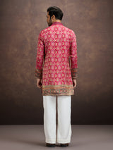 Hot pink geometric embroidered silk kurta pajama for men