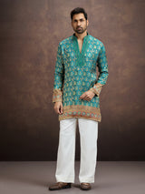 Blue geometric embroidered silk kurta pajama for men