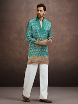 Blue geometric embroidered silk kurta pajama for men