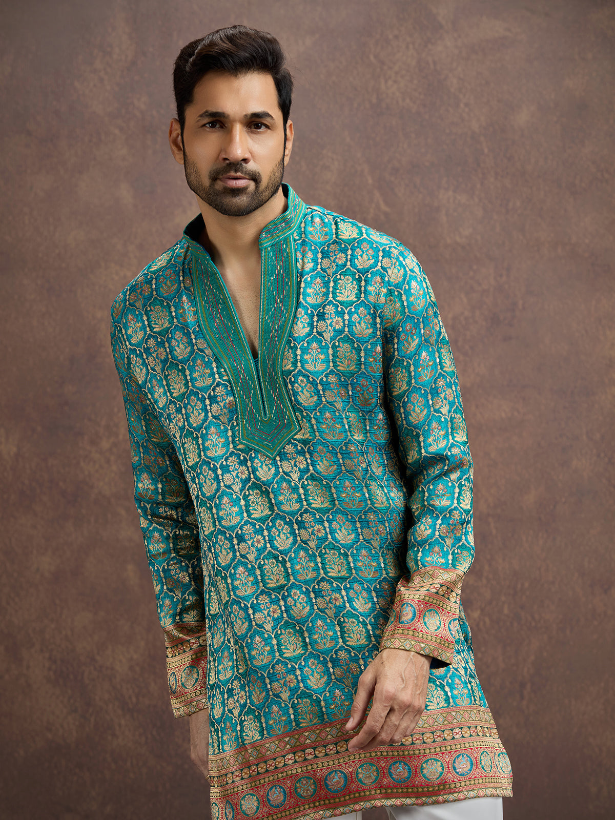 Blue geometric embroidered silk kurta pajama for men