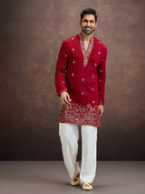 Red zari embroidered silk kurta pajama for men