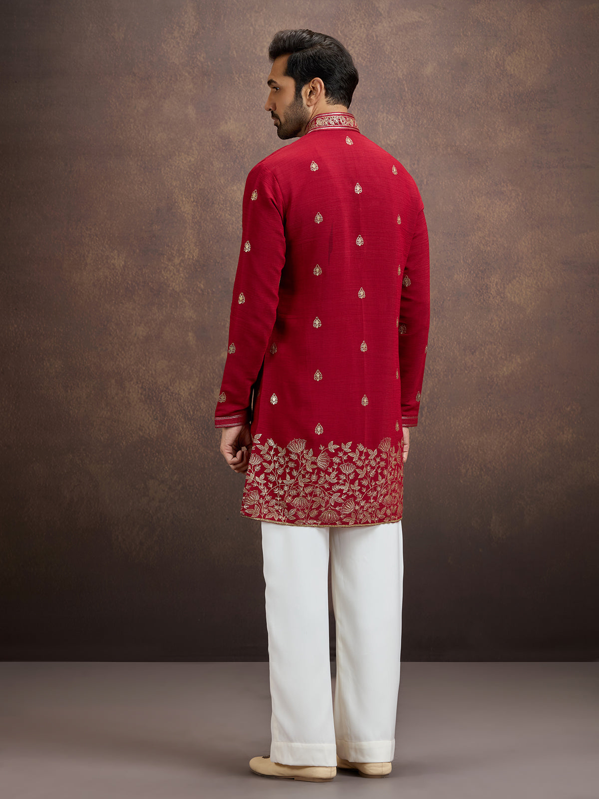 Red zari embroidered silk kurta pajama for men