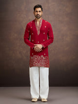 Red zari embroidered silk kurta pajama for men