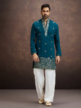 Teal blue zari embroidered silk kurta pajama for men