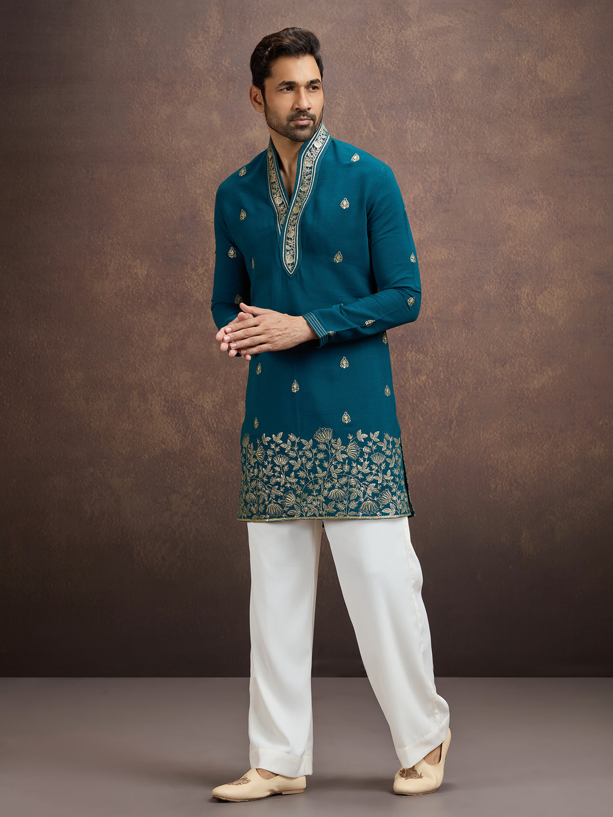 Teal blue zari embroidered silk kurta pajama for men