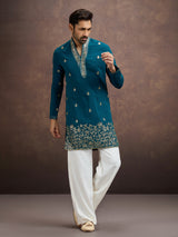 Teal blue zari embroidered silk kurta pajama for men