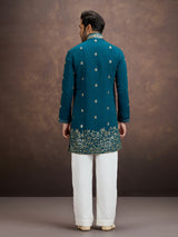 Teal blue zari embroidered silk kurta pajama for men