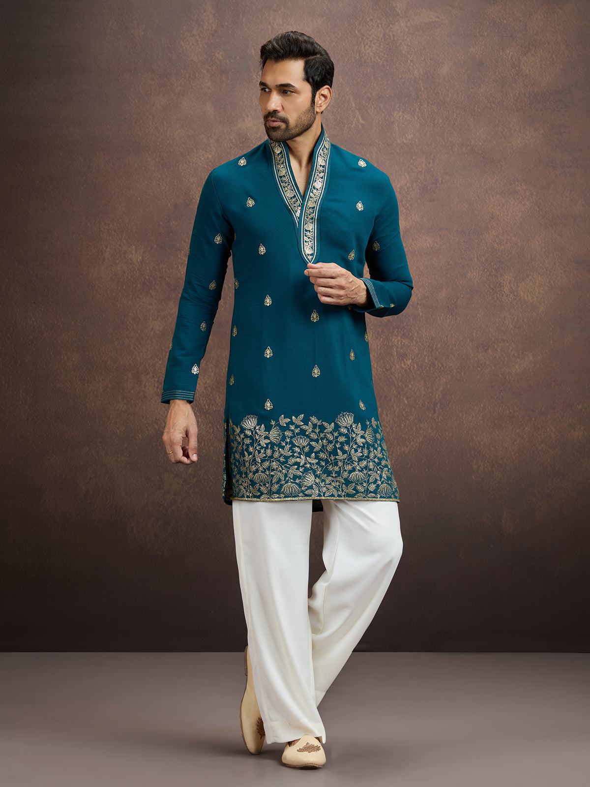 Teal blue zari embroidered silk kurta pajama for men