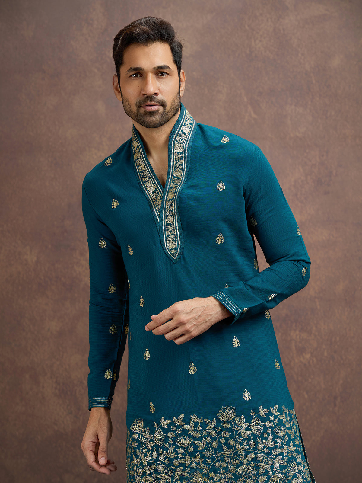 Teal blue zari embroidered silk kurta pajama for men