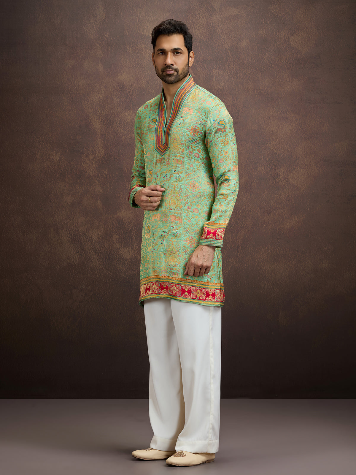 Green kalamkari inspired silk kurta pajama for men
