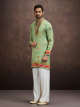 Green kalamkari inspired silk kurta pajama for men