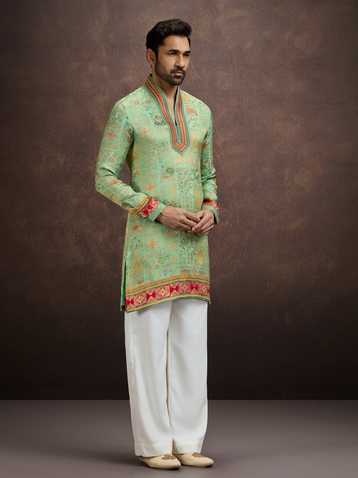 Green kalamkari inspired silk kurta pajama for men