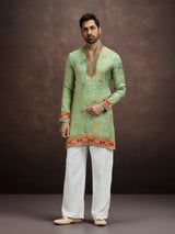 Green kalamkari inspired silk kurta pajama for men