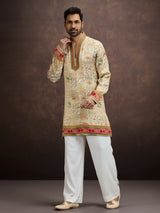 Cream kalamkari inspired silk kurta pajama for men