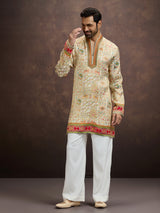 Cream kalamkari inspired silk kurta pajama for men