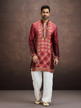 Wine printed embroidered kurta pajama for men